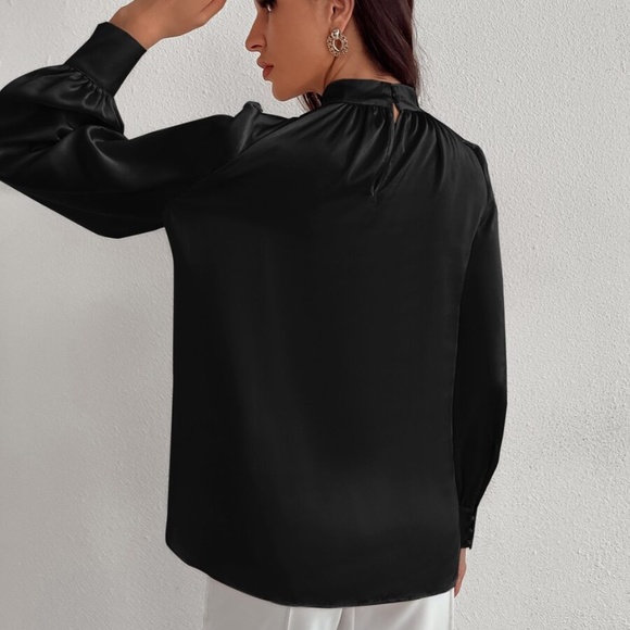 Classic High Neck pleated Satin long sleeve Top - Picture 4 of 11